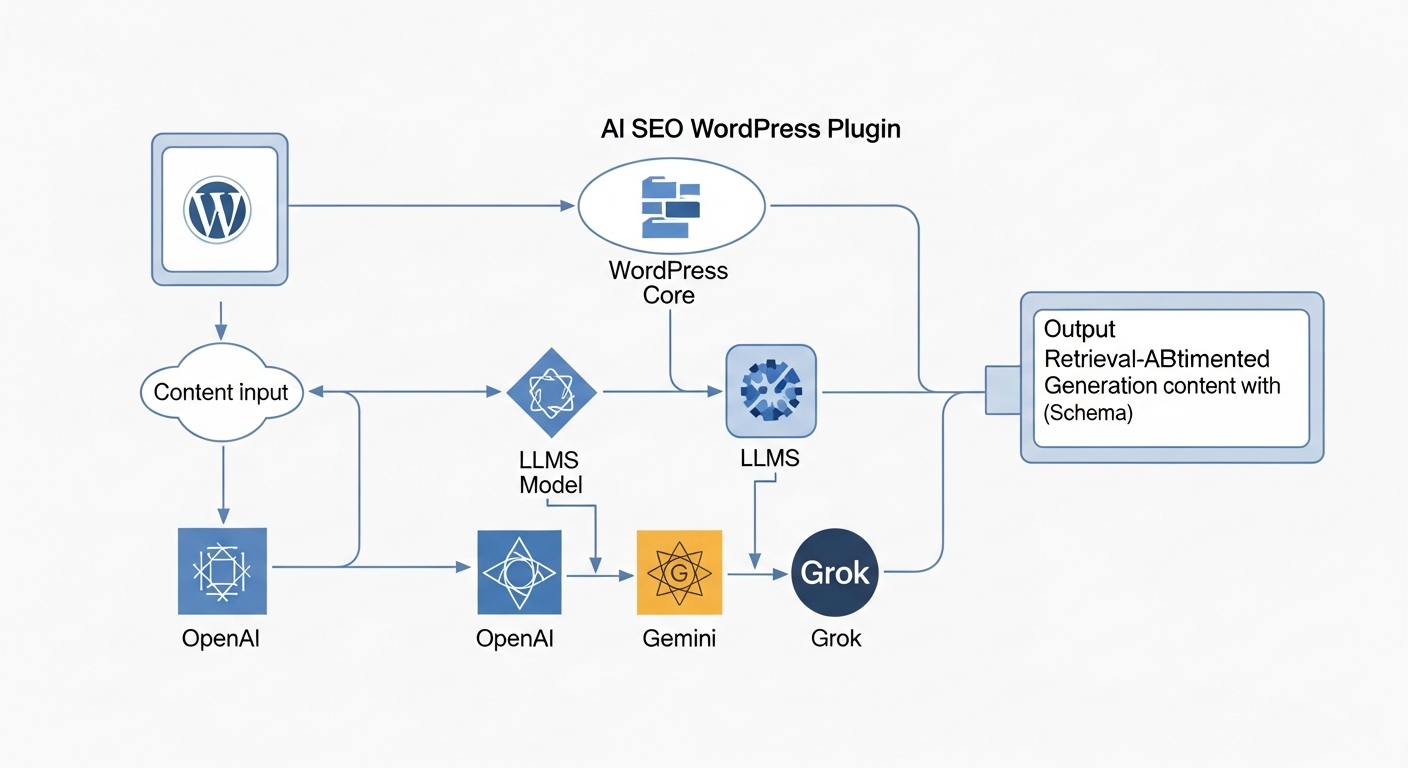 A detailed architectural diagram illustrating how an AI SEO WordPress plugin integrates with WordPress Core, various LLMs (OpenAI, Gemini, Grok), a RAG knowledge base, and outputs optimized content with schema. It should show data flow from content input to optimized output.
