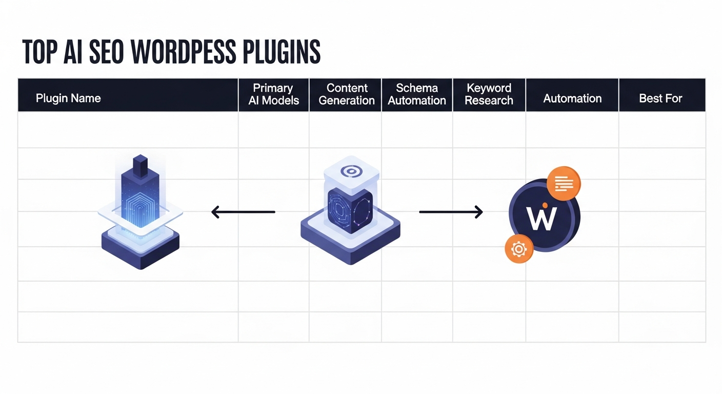 A detailed comparison table highlighting key features of the top 5 AI SEO WordPress plugins, including columns for Plugin Name, Primary AI Models, Content Generation, Schema Automation, Keyword Research, Automation, and Best For, presented as an illustrative diagram.