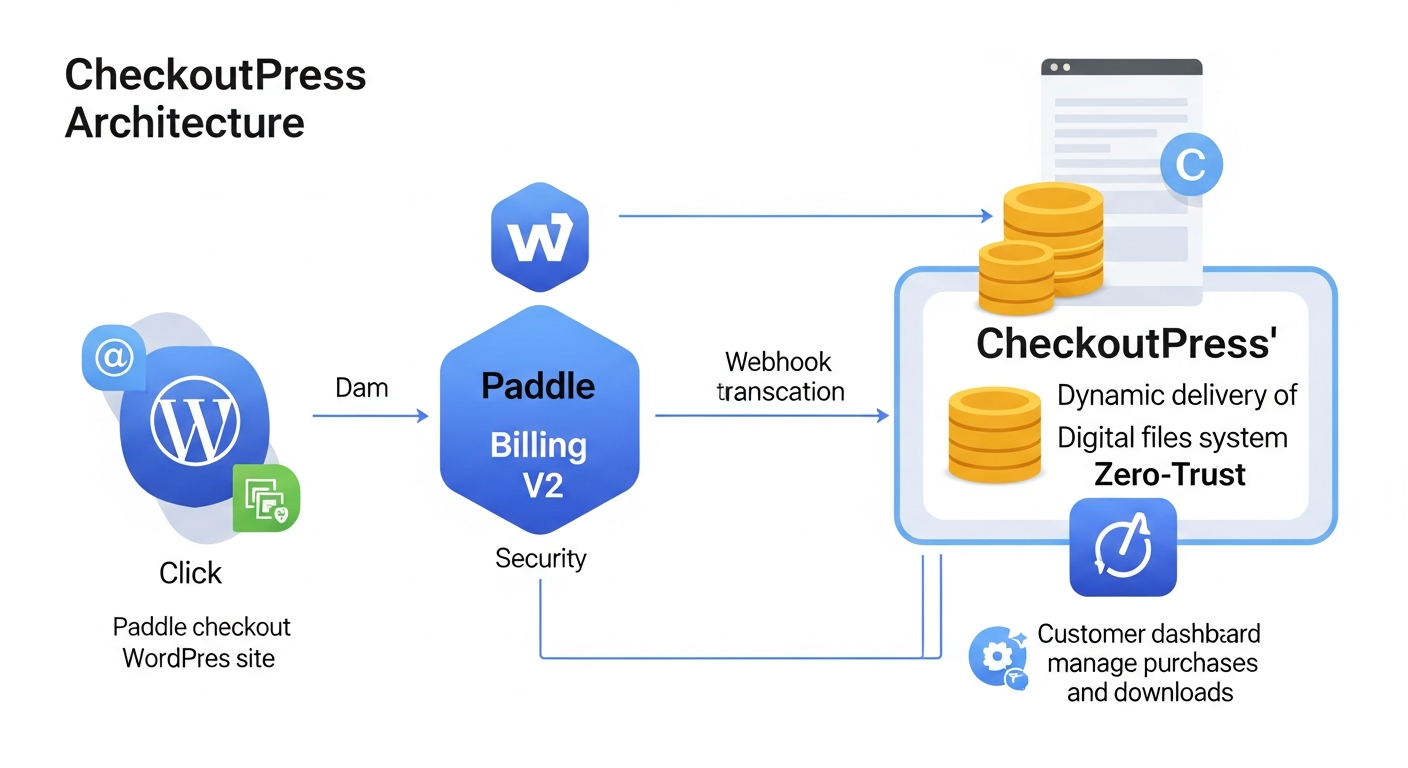 A detailed diagram illustrating the CheckoutPress architecture, showing the flow from a customer clicking a Paddle checkout button on a WordPress site, through Paddle Billing V2's secure payment process, to the secure storage and dynamic delivery of digital files via CheckoutPress's Zero-Trust system, including webhook communication and customer dashboard access.