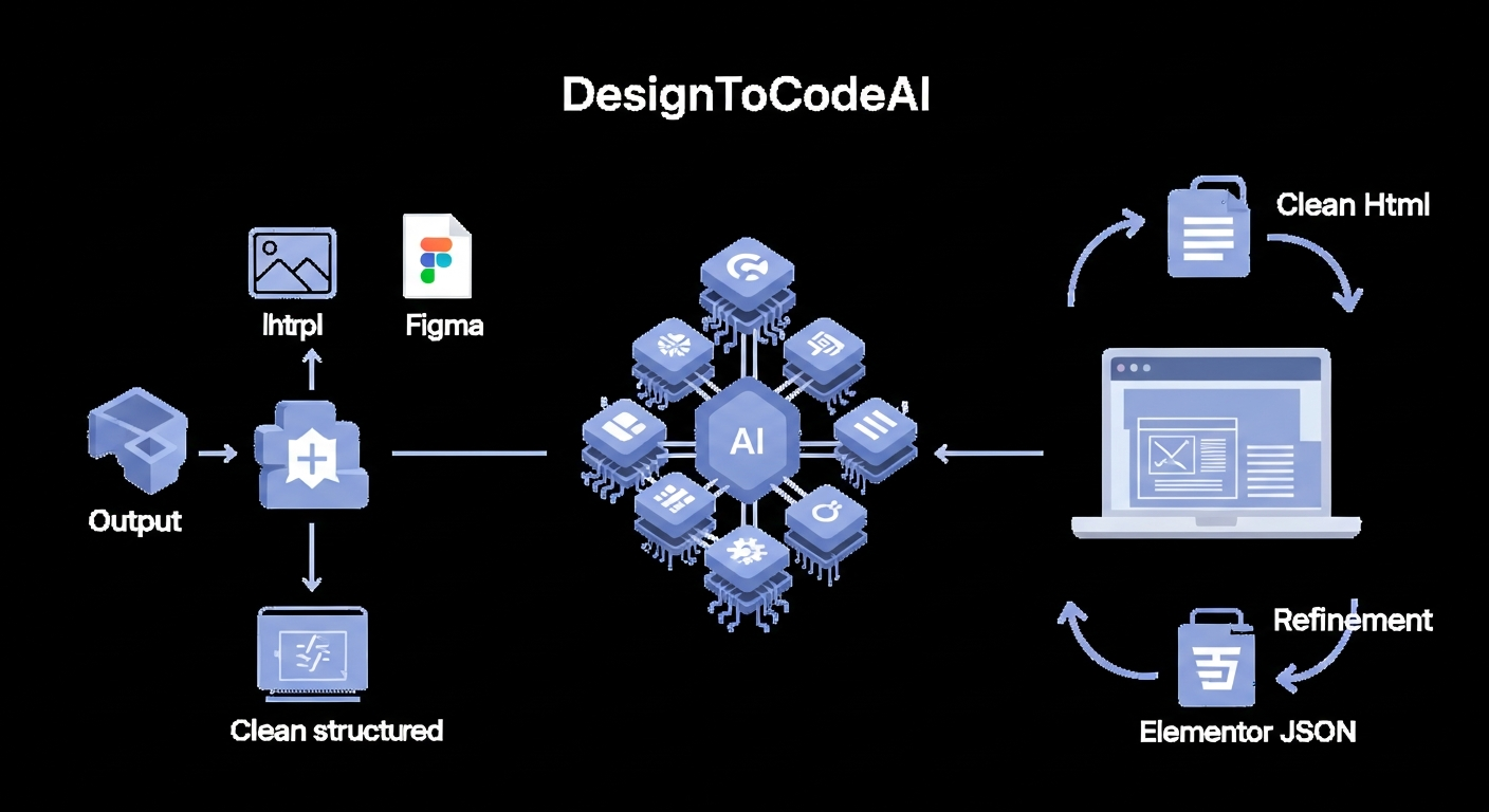 A detailed diagram illustrating the DesignToCodeAI workflow, showing inputs (image, URL, Figma), the multi-agent AI system processing, and outputs (HTML, Elementor JSON) with refinement loops.