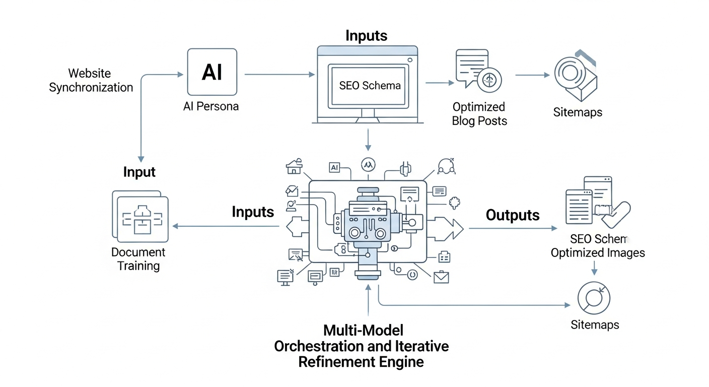 A detailed diagram illustrating the workflow of AIRAG SEO Agent, showing inputs (Website Sync, AI Persona, Document Training), the Multi-Model Orchestration and Iterative Refinement Engine, and outputs (Optimized Blog Posts, Schema, Images, Sitemaps) within the WordPress environment.
