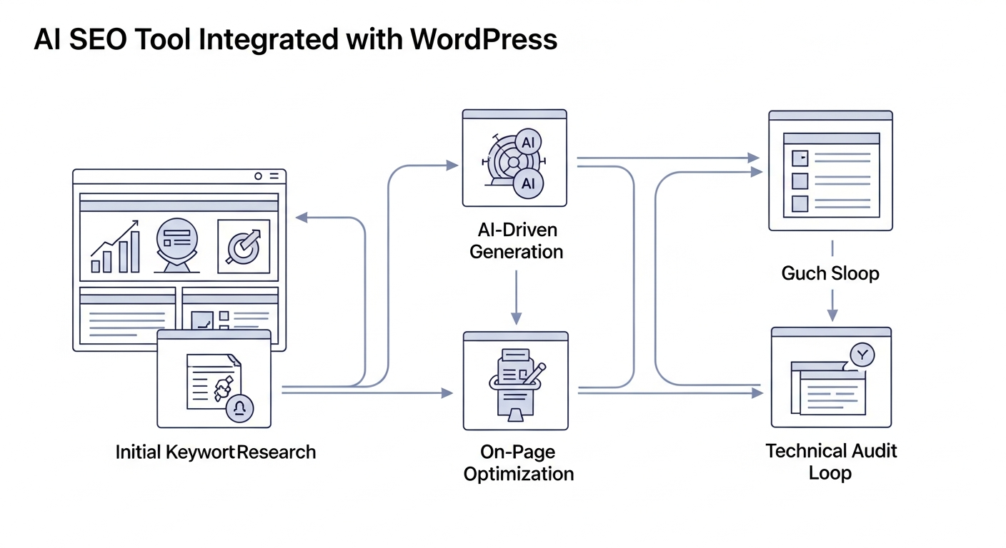 A detailed diagram illustrating the workflow of an AI SEO tool integrated with WordPress, showing steps like keyword research, content generation, on-page optimization, and technical audit loops, with arrows indicating data flow and AI decision points.