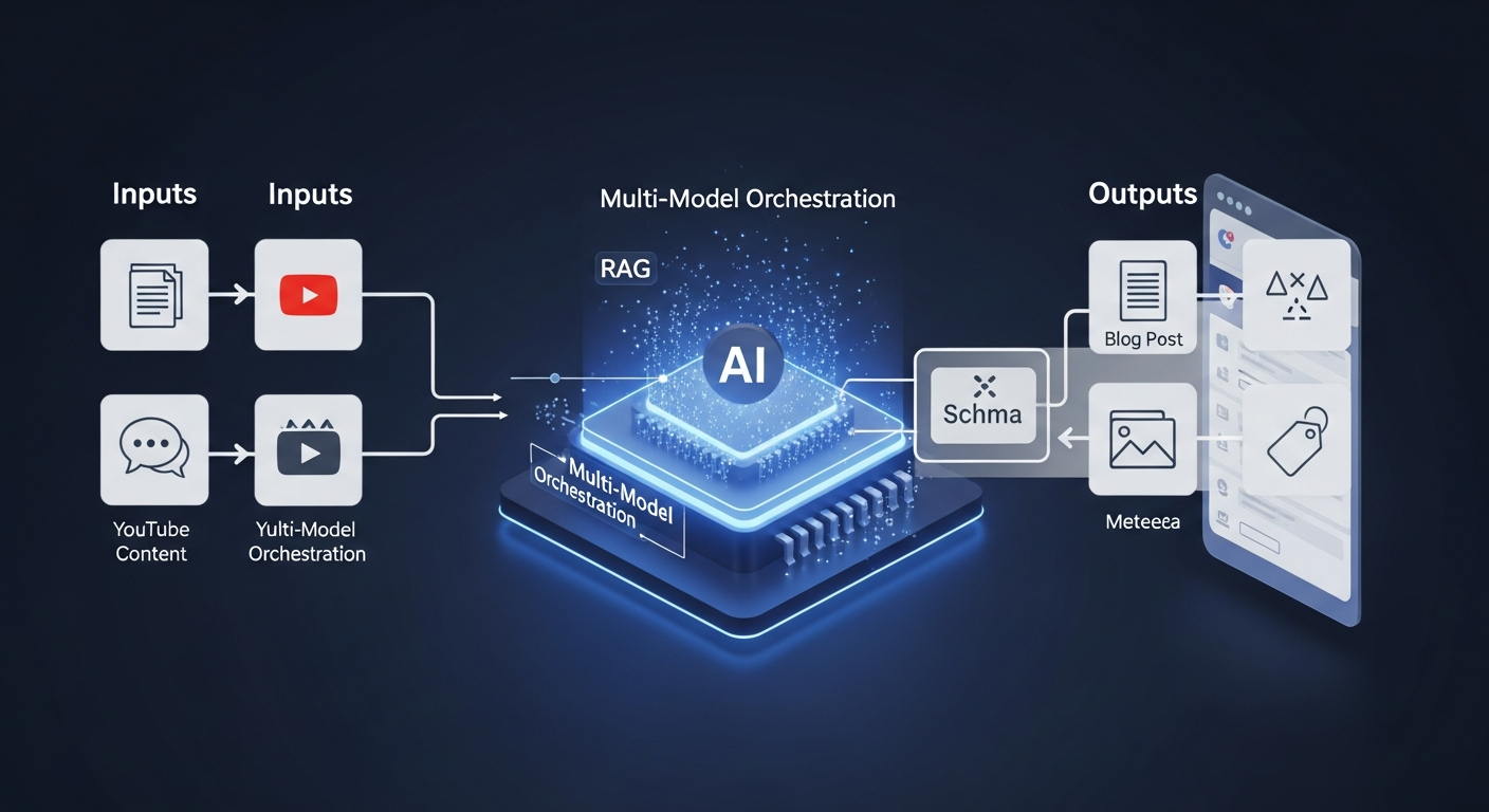 A detailed diagram illustrating the workflow of an AI SEO WordPress plugin, showing inputs (website content, YouTube videos, user prompts), the AI engine with RAG and multi-model orchestration, and outputs (SEO-optimized blog posts, schema, images, metadata) integrated into WordPress.
