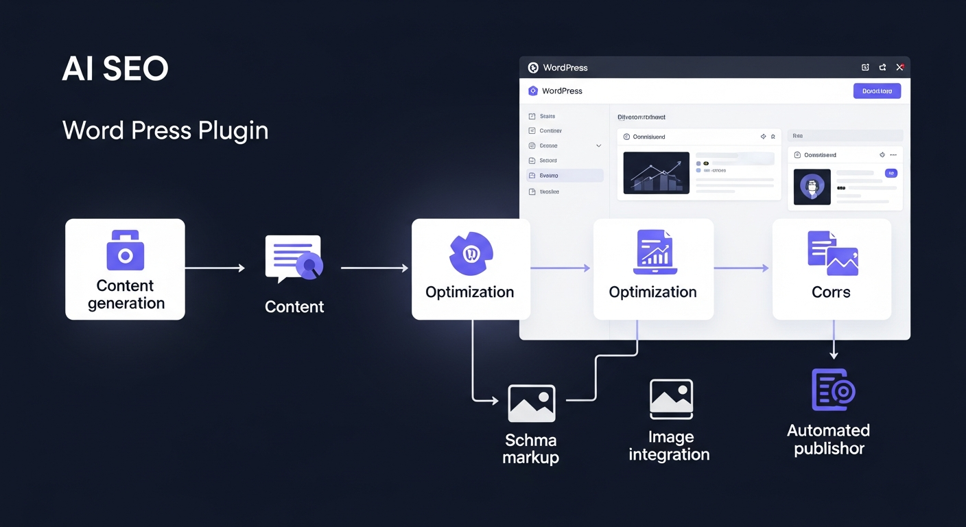 A detailed diagram illustrating the workflow of an AI SEO WordPress plugin, showing steps from content generation and optimization to schema markup, image integration, and automated publishing within the WordPress dashboard.