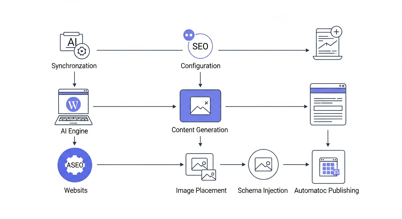 A detailed technical diagram illustrating the workflow of an AI SEO agent within WordPress, showing data flow from website sync and AI engine configuration through content generation, image placement, schema injection, and automated publishing.