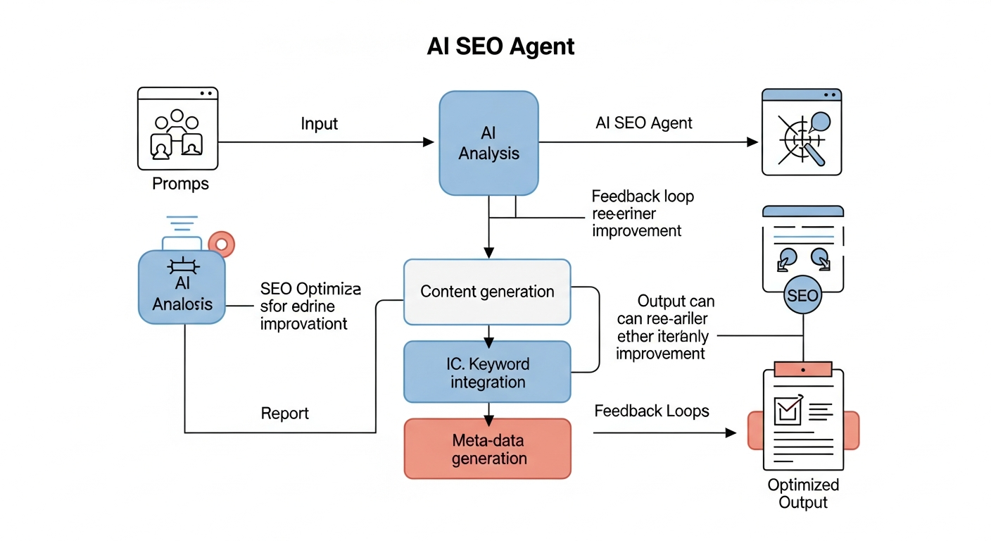 A technical diagram illustrating the workflow of AIRAG SEO Agent, showing input prompts leading to AI analysis, content generation, SEO optimization layers, and final output, highlighting feedback loops for refinement.