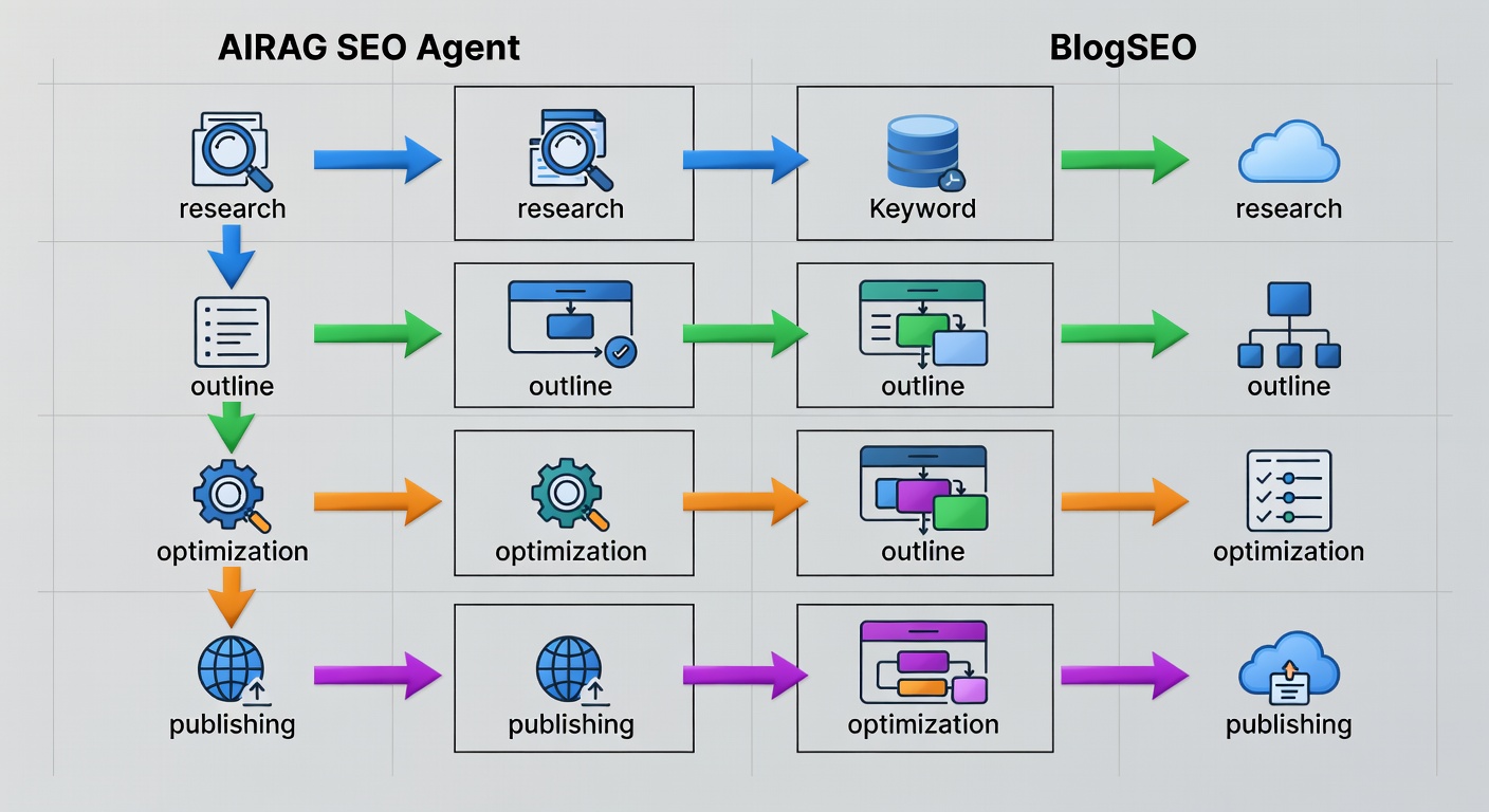 Clean technical diagram illustrating side-by-side content generation workflows of AIRAG SEO Agent versus BlogSEO, showing research, outline, optimization, and publishing stages with labeled arrows and comparison boxes