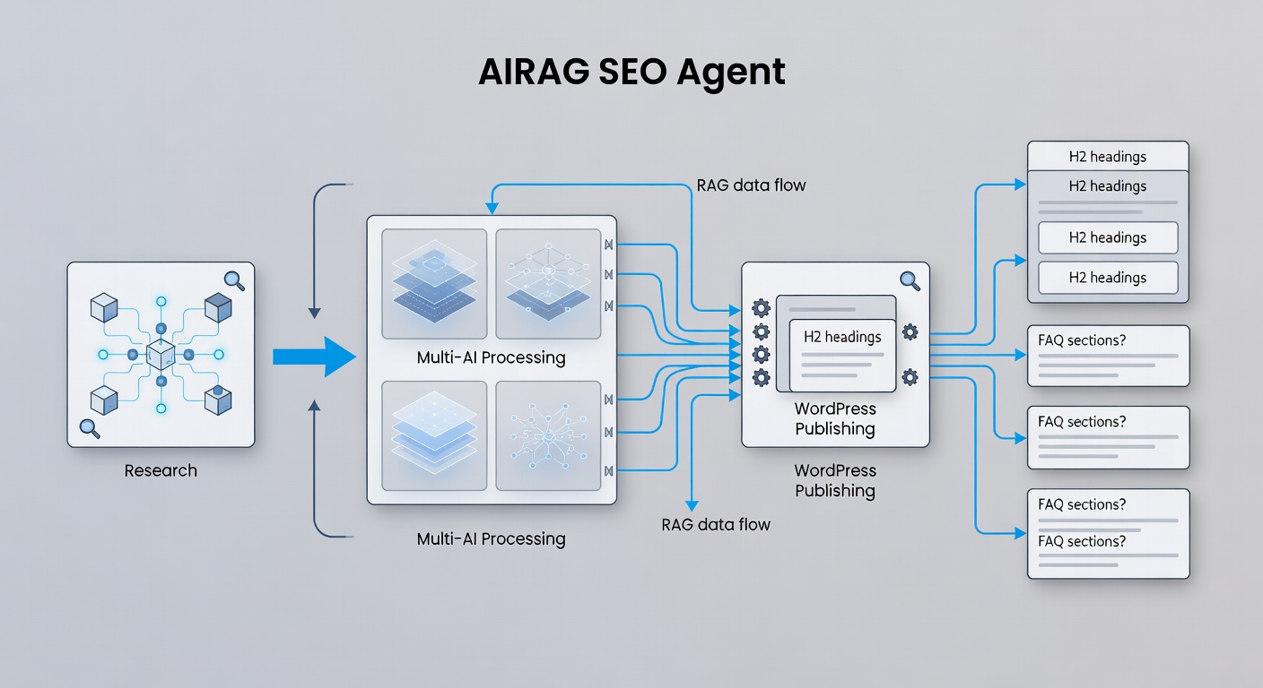 Clean technical diagram showing the AIRAG SEO Agent workflow from research to WordPress publishing, with arrows indicating RAG data flow, multi-AI processing, and direct output to structured H2/FAQ format