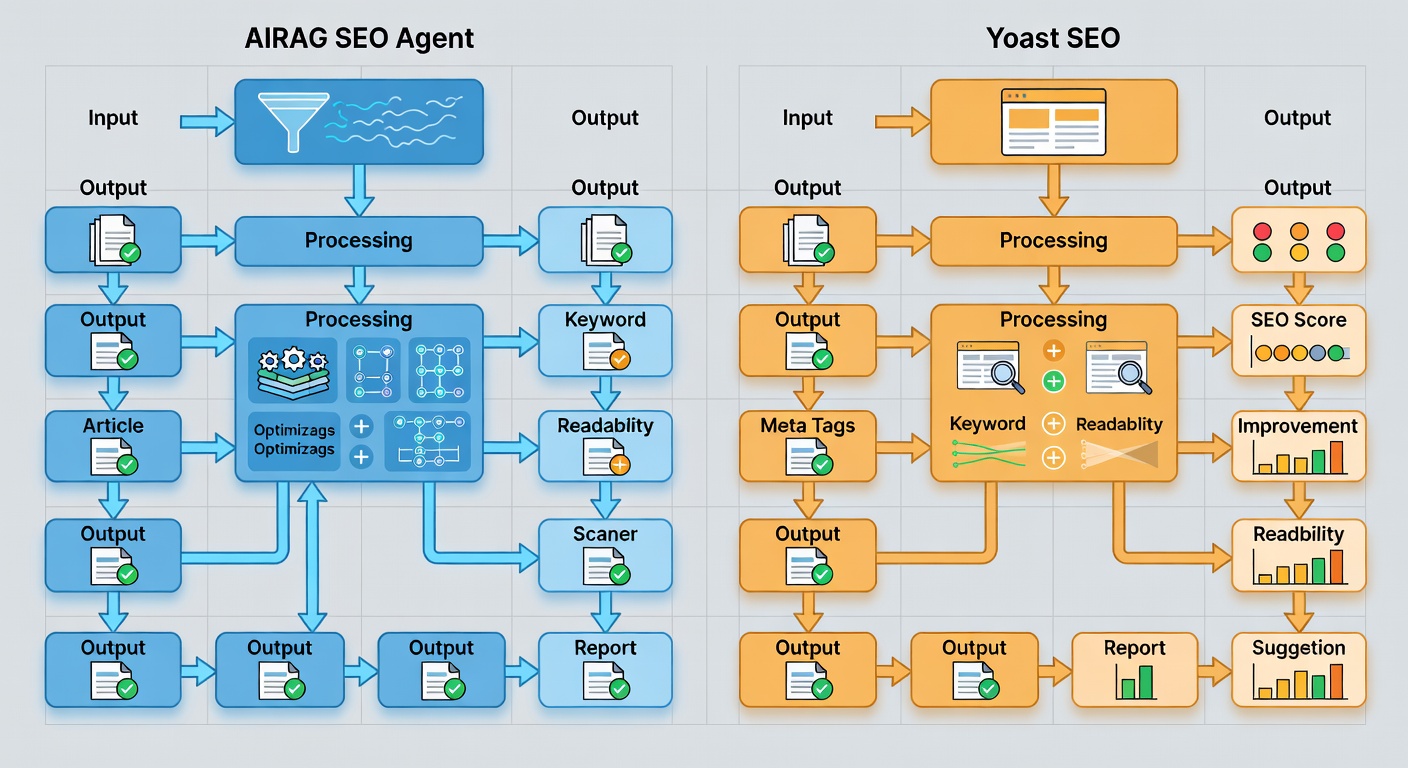 Educational diagram showing side-by-side workflow comparison between AIRAG SEO Agent content generation pipeline and Yoast SEO analysis process, with clear labeled boxes for input, processing, and output stages