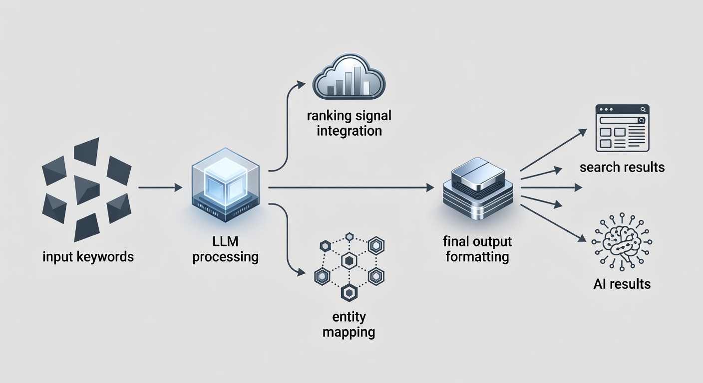 Educational diagram showing the step-by-step content generation workflow of AIRAG SEO Agent, including input keywords, LLM processing, ranking signal integration, entity mapping, and final output formatting for search and AI results.