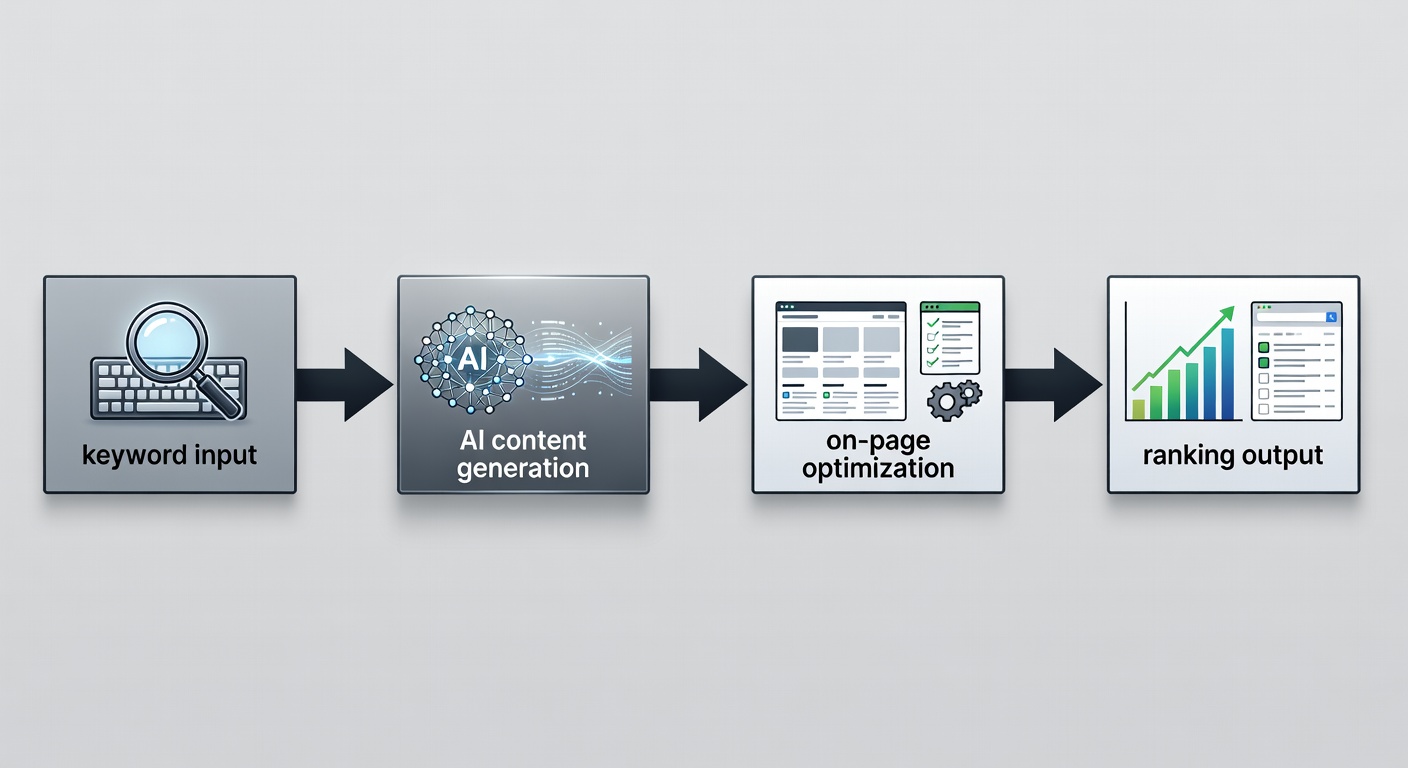 Educational diagram showing the workflow of an AI SEO tool integrated with WordPress, including keyword input, AI content generation, on-page optimization, and ranking output in a clear flowchart style with labeled boxes and arrows.