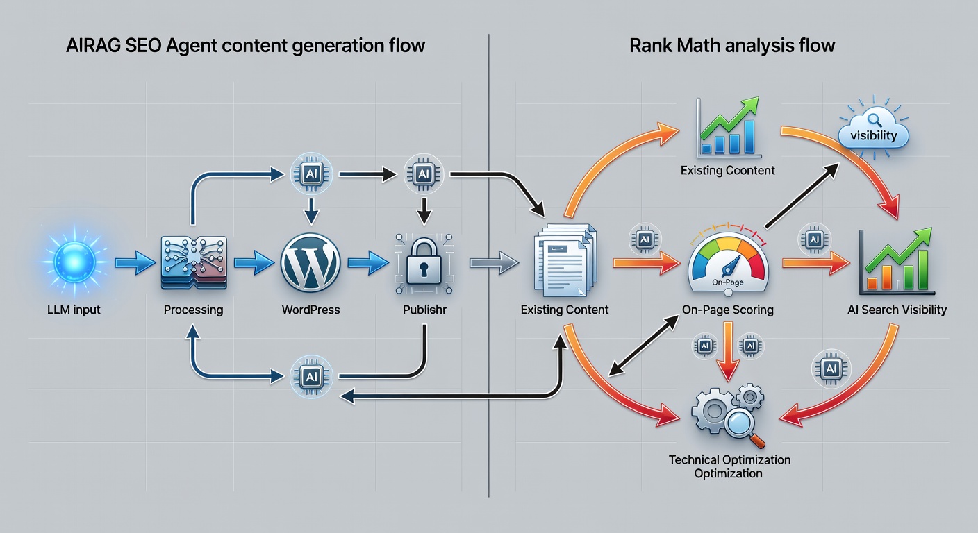 Educational side-by-side workflow diagram comparing AIRAG SEO Agent content generation flow (LLM input to WordPress publishing to secure Paddle delivery) versus Rank Math analysis flow (existing content to on-page scoring to technical optimization), with labeled arrows showing entity relationships and AI search visibility outcomes