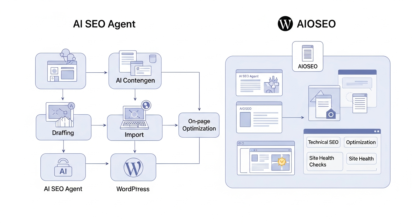 A detailed architectural diagram illustrating the workflow of AIRAG SEO Agent (AI content generation, drafting, WordPress import) alongside AIOSEO (technical SEO, on-page optimization, site health checks) within the WordPress ecosystem, showing how they interact or complement each other.