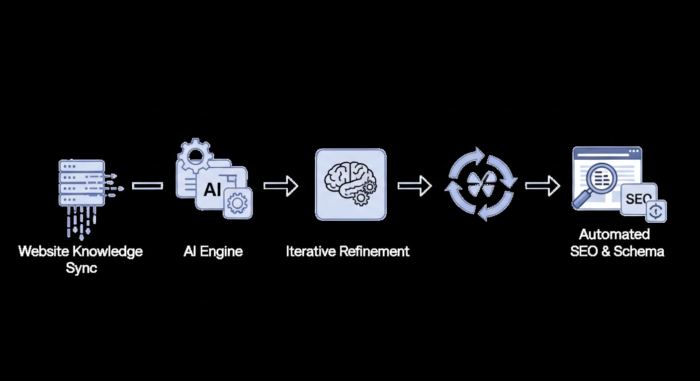 A detailed architectural diagram illustrating the workflow of AIRAG SEO Agent, showing how content is synced from WordPress, processed by various AI models, refined, and then published with automated SEO and schema. Key components like Website Knowledge Sync, AI Engine, Iterative Refinement, and SEO & Schema are clearly labeled with data flow arrows.