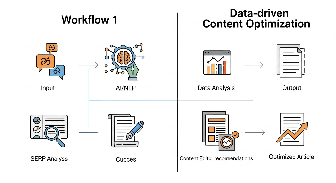 A detailed comparative diagram illustrating the core workflow differences between AIRAG SEO Agent's AI-driven content generation process (from prompt to full article) and Surfer SEO's data-driven content optimization process (from SERP analysis to content editor recommendations), showing inputs, AI/NLP analysis stages, and final outputs for each.