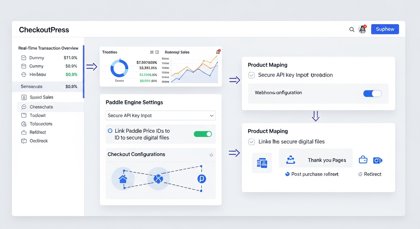 A detailed diagram illustrating the CheckoutPress admin interface dashboard. The diagram should clearly highlight and label distinct sections: 1. A real-time transaction overview (with dummy sales data, charts), 2. Paddle Engine Settings (showing secure API key input fields and webhook configuration options), 3. Product Mapping (a visual representation of linking Paddle Price IDs to specific secure digital files), and 4. Checkout Configurations (options for customizing thank you pages and post-purchase redirects). Use arrows or callouts to show the flow of information and key functionalities.