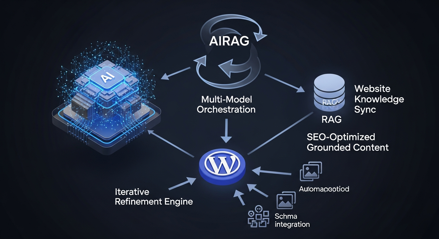 A detailed diagram illustrating the interconnected architecture of AIRAG SEO Agent, showing how the AI Engine (with multi-model orchestration), Website Knowledge Sync (RAG), and Iterative Refinement Engine interact with the WordPress core to produce SEO-optimized, factually grounded content, including automated schema and image placement.