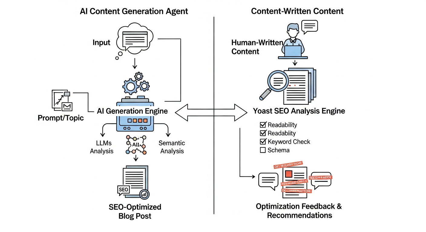 A detailed diagram illustrating the workflow difference between AIRAG SEO Agent's AI content generation and Yoast SEO's content optimization process, showing inputs, processing steps, and outputs for each tool. The AIRAG side would show 'Prompt/Topic' -> 'AI Generation Engine (LLMs, Semantic Analysis)' -> 'SEO-Optimized Blog Post'. The Yoast side would show 'Human-Written Content' -> 'Yoast SEO Analysis Engine (Readability, Keyword Check, Schema)' -> 'Optimization Feedback & Recommendations'.