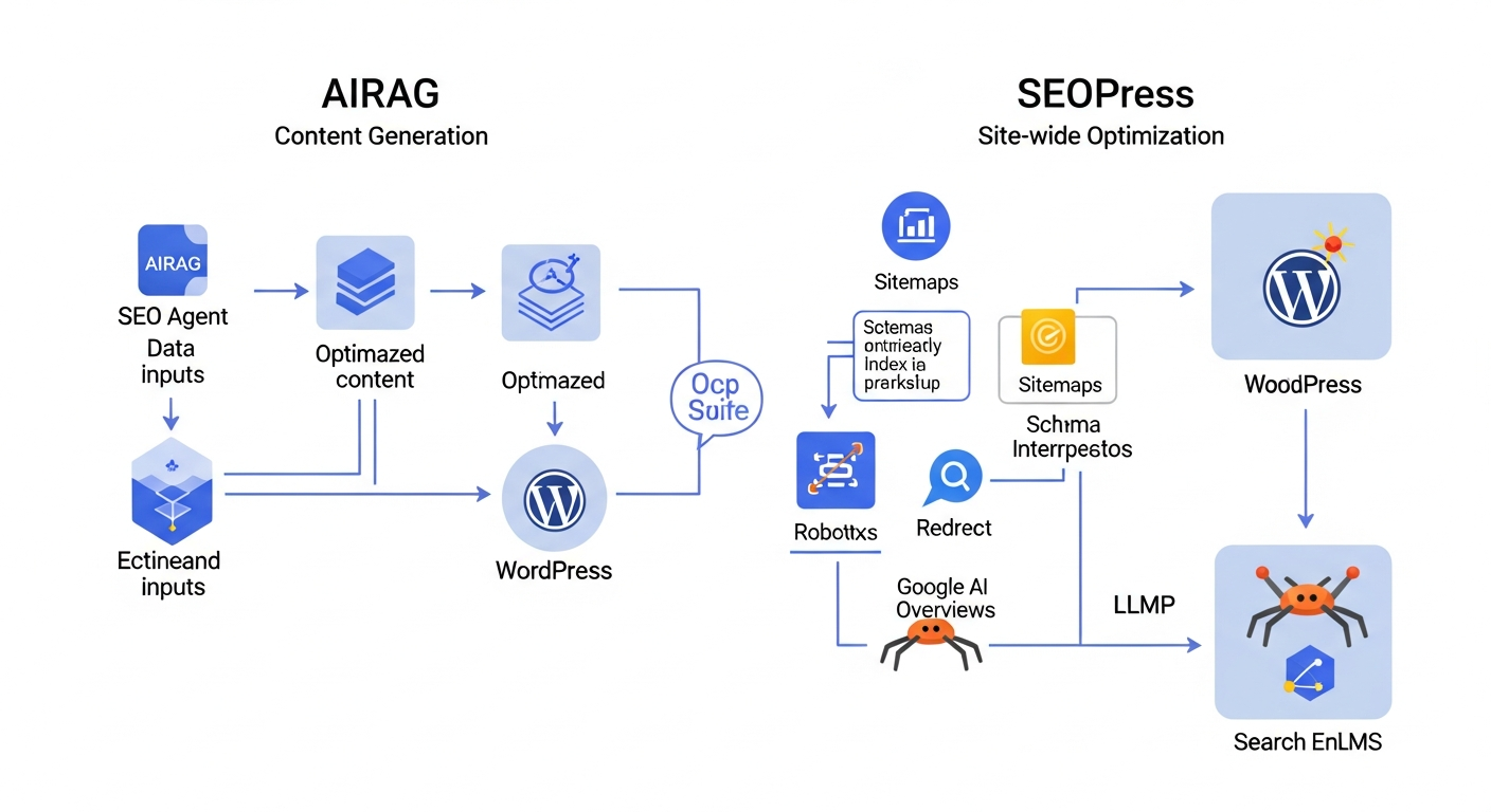 A detailed diagram illustrating the workflow differences between AIRAG SEO Agent (content generation focus) and SEOPress (site-wide optimization focus), showing how they interact with a WordPress site and search engines (both traditional and AI-powered LLMs). Specifically, show AIRAG taking user prompts and data inputs, generating optimized content, and then the content flowing to WordPress. Separately, depict SEOPress managing various site health elements within WordPress (e.g., sitemaps, robots.txt, redirects, schema), directly influencing how search engine crawlers and AI systems (like Google AI Overviews) access, index, and interpret the entire website. Highlight the distinct pathways for content creation vs. site optimization, and how they converge for optimal search visibility.