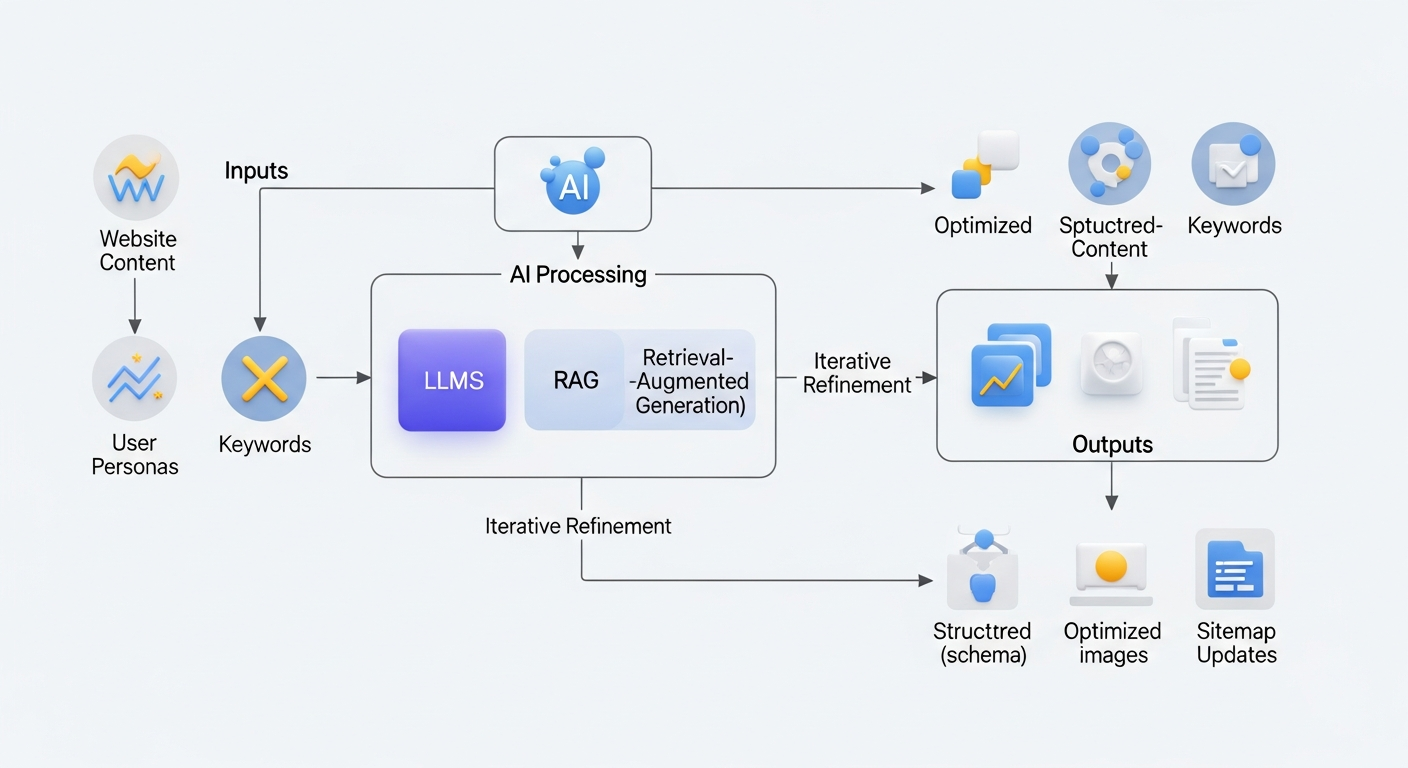 A detailed diagram illustrating the workflow of an AI SEO WordPress plugin, showing inputs (website content, keywords, persona), AI processing (LLMs, RAG, iterative refinement), and outputs (optimized content, schema, images, sitemap updates).