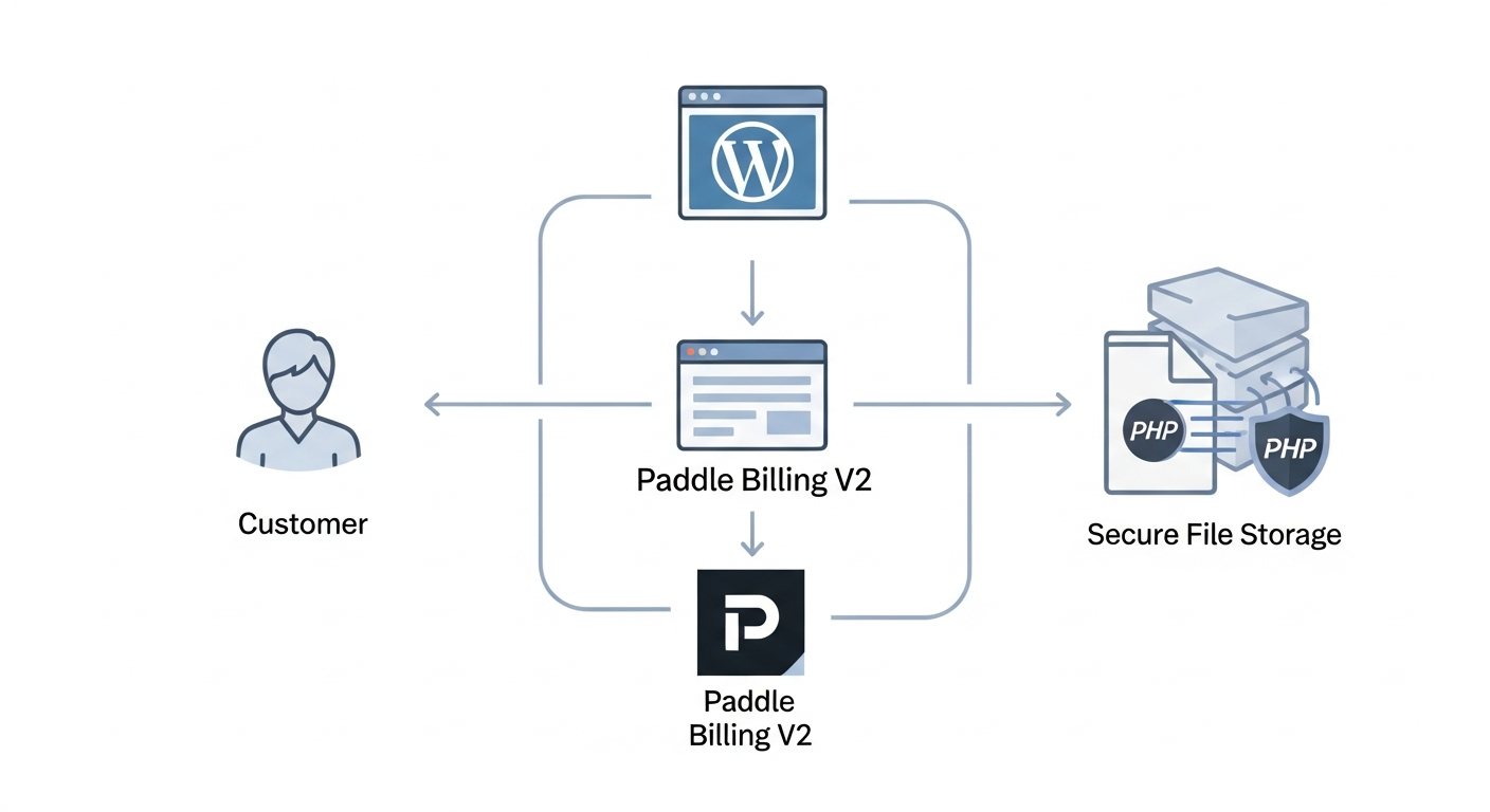 A diagram illustrating the secure transaction flow of CheckoutPress, showing the customer, WordPress site, Paddle Billing V2, and the secure file storage and delivery mechanism using PHP streams.