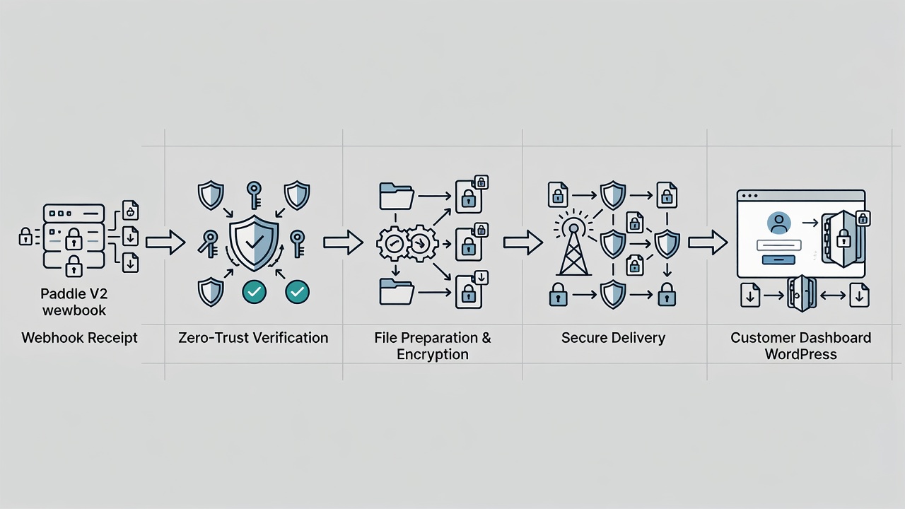 Clean technical flowchart diagram showing the complete secure checkout process from Paddle V2 webhook receipt through zero-trust file delivery to customer dashboard access in WordPress