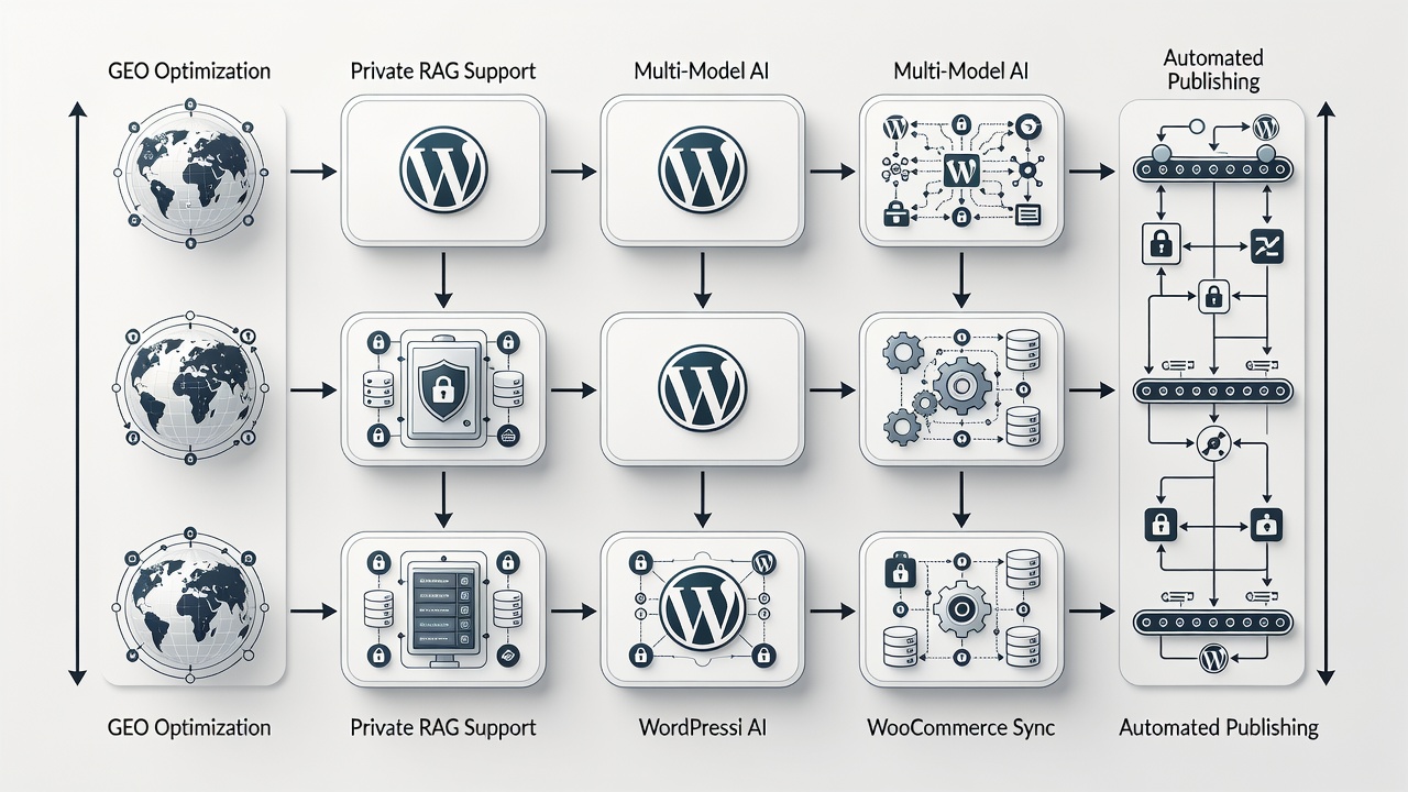 Educational comparison diagram illustrating key differences between the top 5 WordPress pSEO plugins across GEO optimization, private RAG support, multi-model AI, WooCommerce sync, and automated publishing features