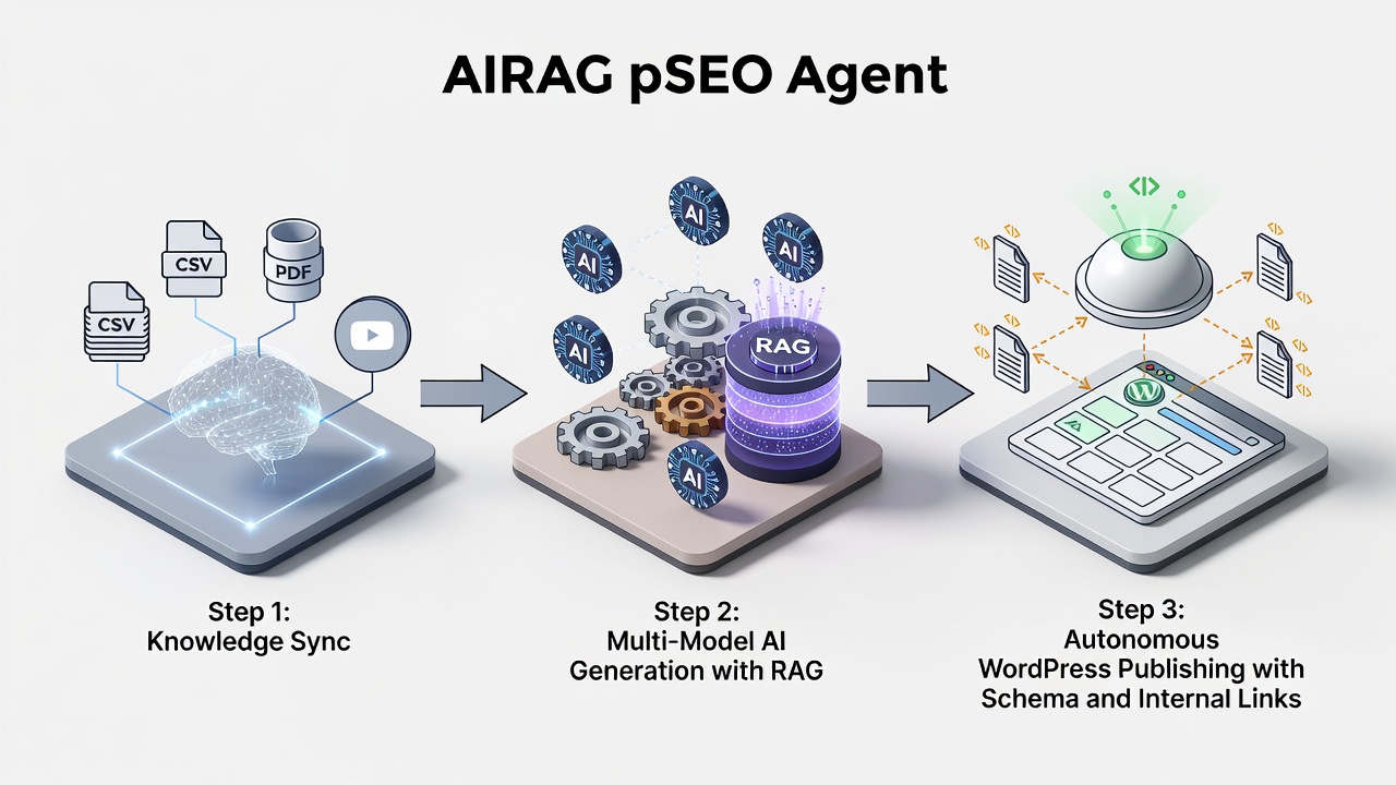 Educational diagram showing the three-step workflow of AIRAG pSEO Agent: knowledge sync from CSV/PDF/YouTube, multi-model AI generation with RAG, and autonomous WordPress publishing with schema and internal links