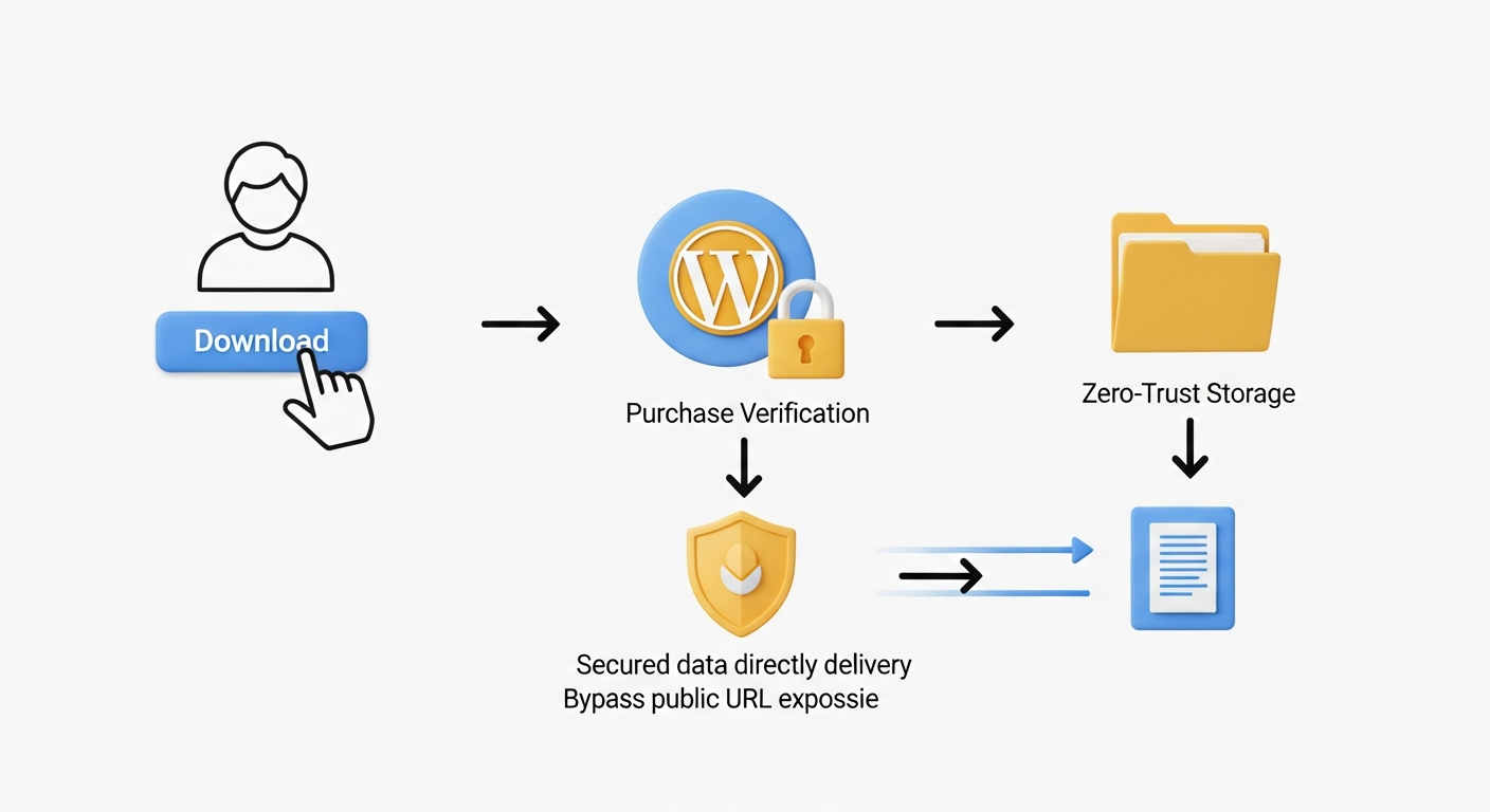 A clear, modern diagram showing the secure file delivery process of CheckoutPress. On the left, a user clicks a download link. An arrow leads to a WordPress server icon with a lock, labeled 'Purchase Verification'. A second arrow points to a secure folder icon labeled 'Zero-Trust Storage'. A final arrow shows a secure data stream delivering the file directly to the user, bypassing public URL exposure.