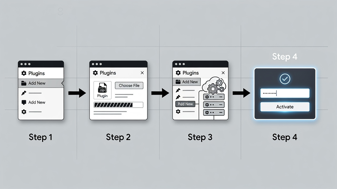 Clean technical diagram showing WordPress dashboard plugin upload flow with license activation step highlighted in a simple numbered sequence